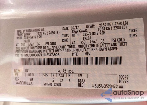 2017 Ford Escape Se z USA, uszkodzony, nr VIN 1FMCU0G97HUE37306